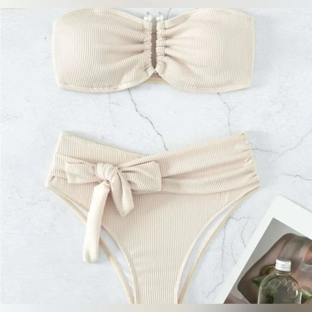 Macy Ella Rib Knot Front Bandeau Bikini Swimsuit XL NWOT